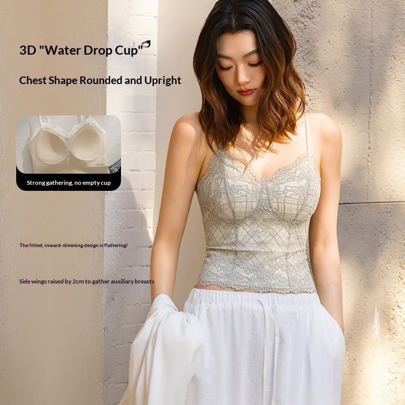 French-style Eyelash Lace Camisole For Women One-piece With Padded Cups