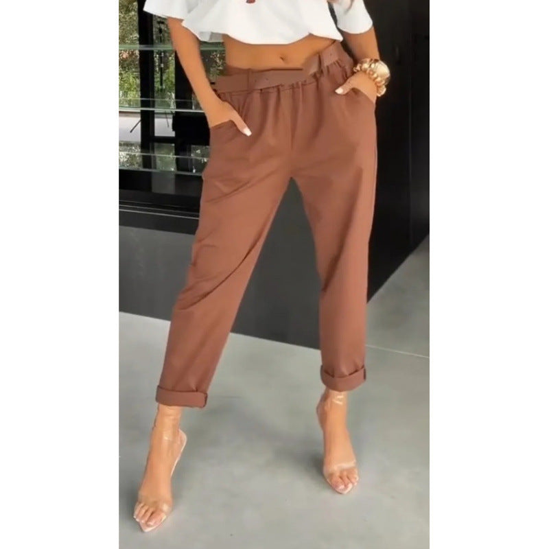 New Womens Solid-color Pocketed Slim-fit Versatile Casual Pants