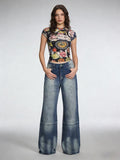 Printed Vintage Loose Wide-Leg Womens Jeans
