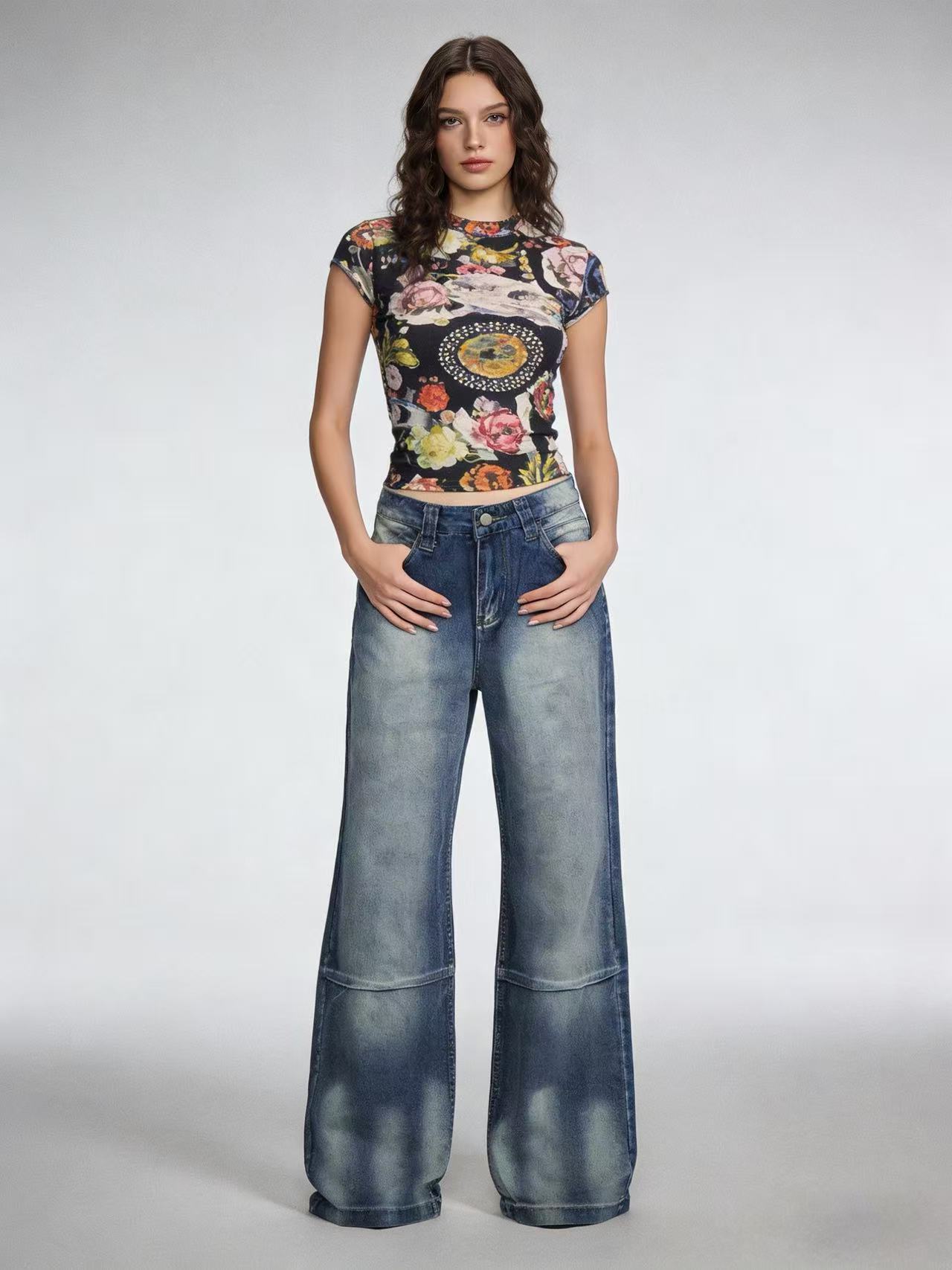 Printed Vintage Loose Wide-Leg Womens Jeans