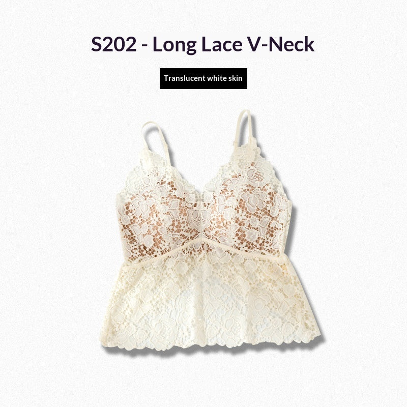 Lace Floral Camisole Mesh Top With Built-in Pads Sexy Slim-Fit Minimalist Base Layer