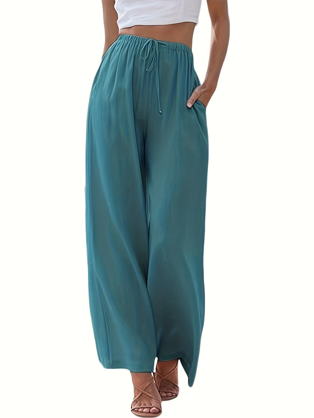 Spring And Summer Cotton And Linen Drawstring Casual Women's Wide-leg Trousers