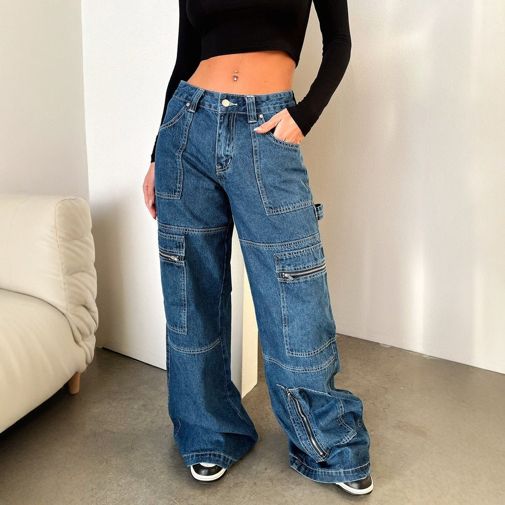 American-style Vintage High-waist Workwear Denim Jeans For Women Wide-leg