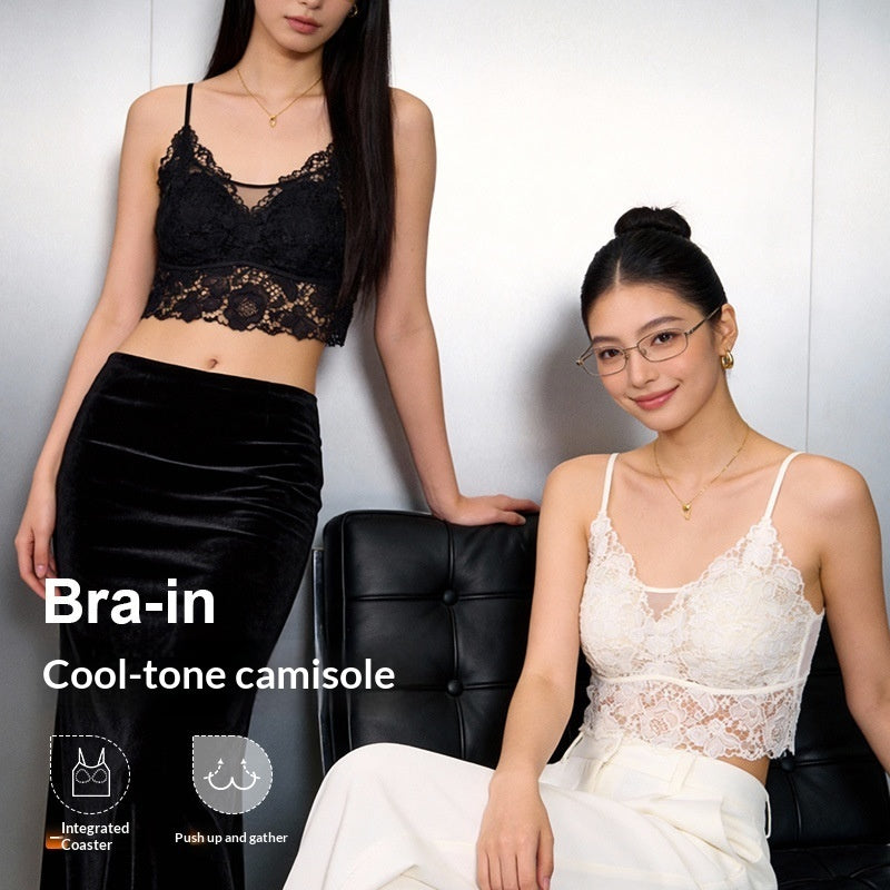 French-style Lace Mesh Camisole With Chest Pads Lightweight Outerwearbase Layer Top