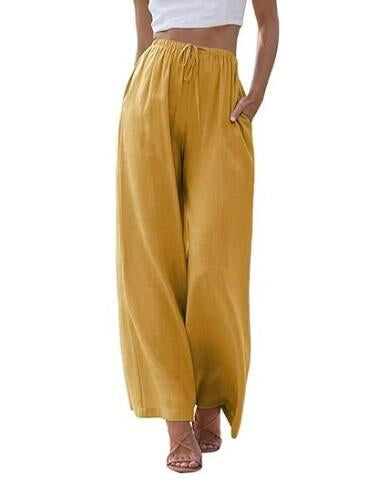 Spring And Summer Cotton And Linen Drawstring Casual Women's Wide-leg Trousers