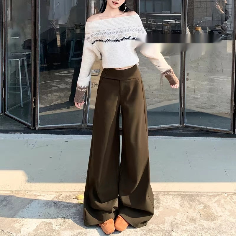 Dark Gray Wool High-waisted Slimming Loose-fit Casual Pants