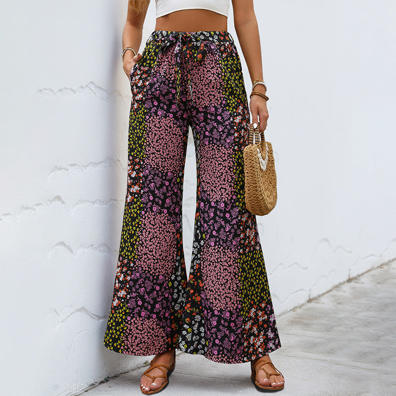 Lace-up Printed Elegant High-waisted Wide-leg Pants Women