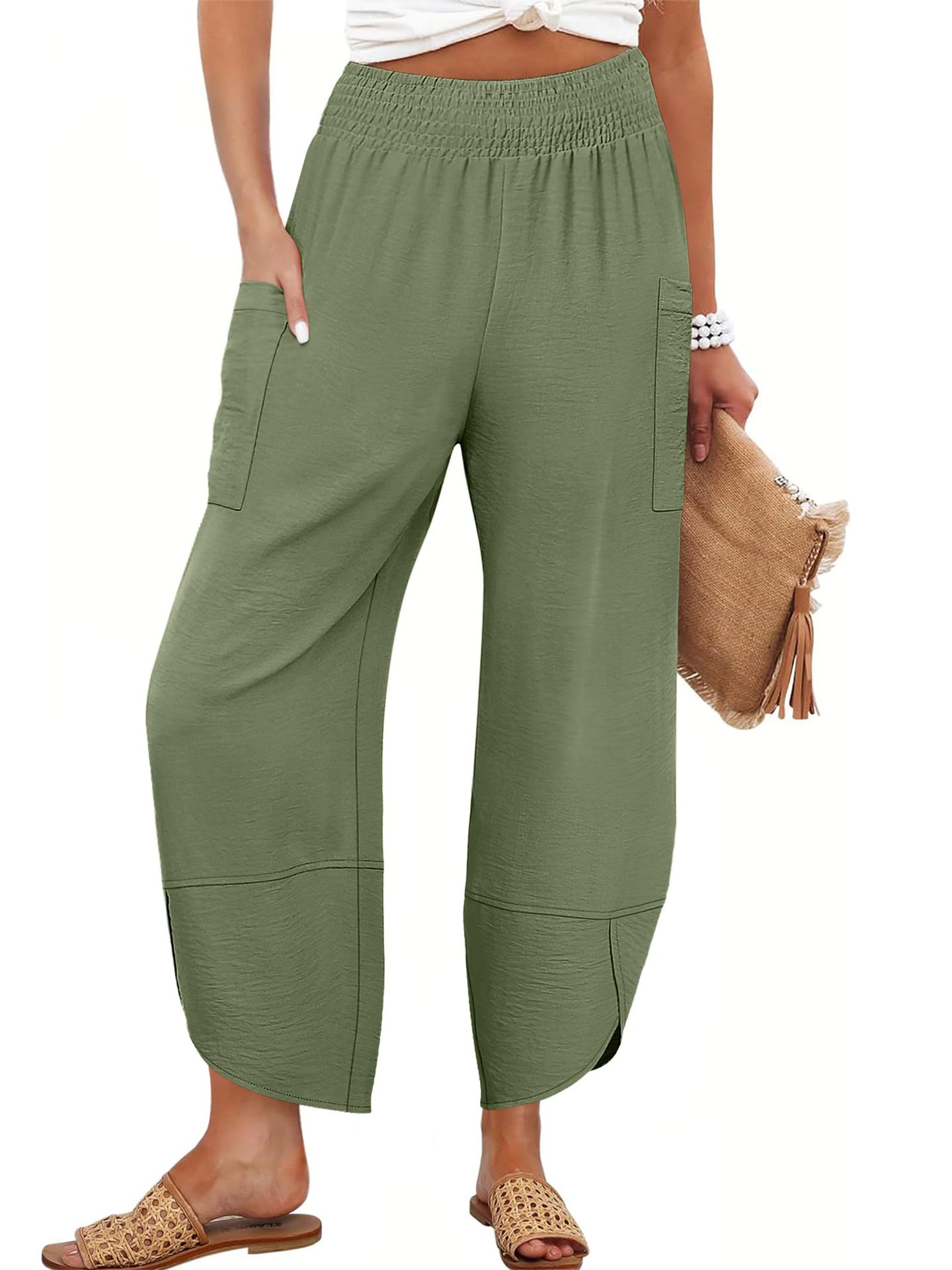 Summer New High-Waist Loose Solid-Color Side-Pocket Cropped Trousers