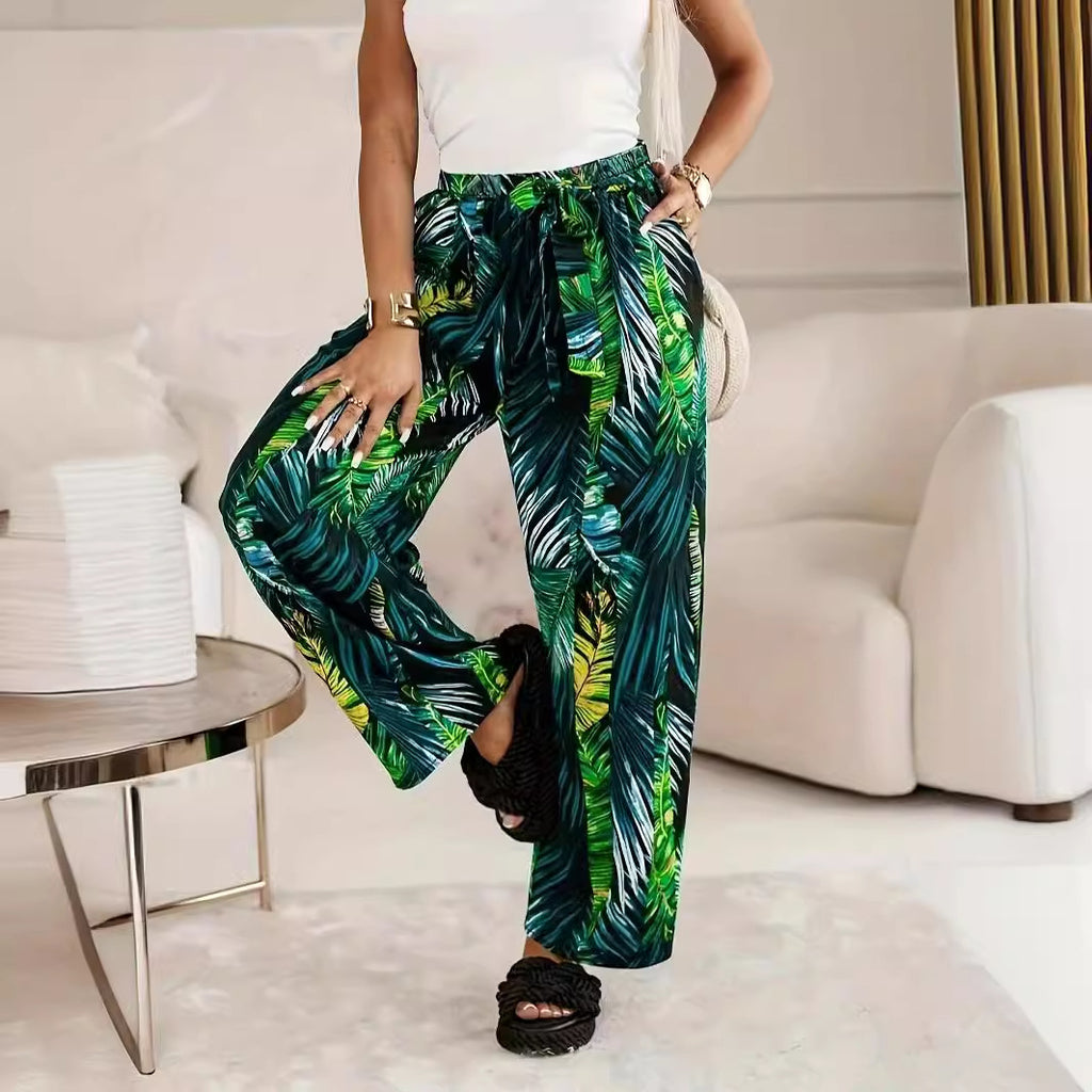 Elastic-waist Casual Wide-leg Pants With A Leaf Print Green