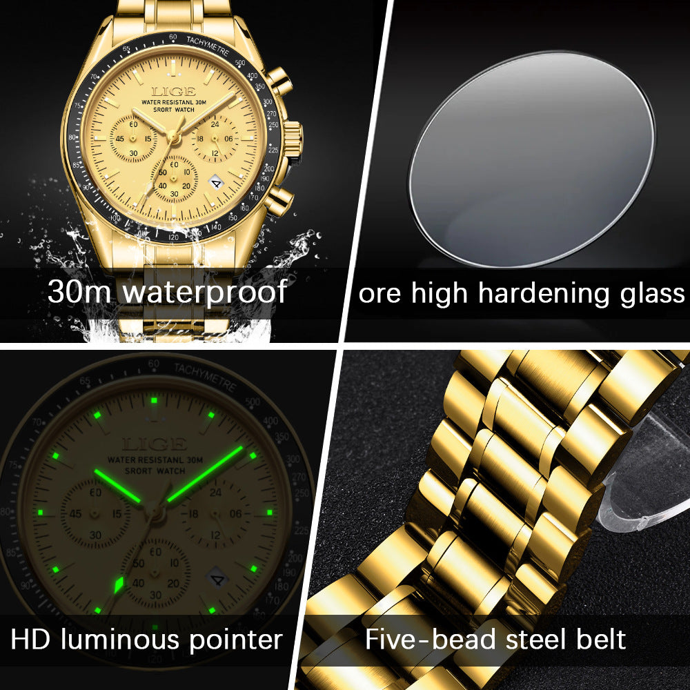 Mens Multifunctional Waterproof Calendar Luminous Quartz Watch