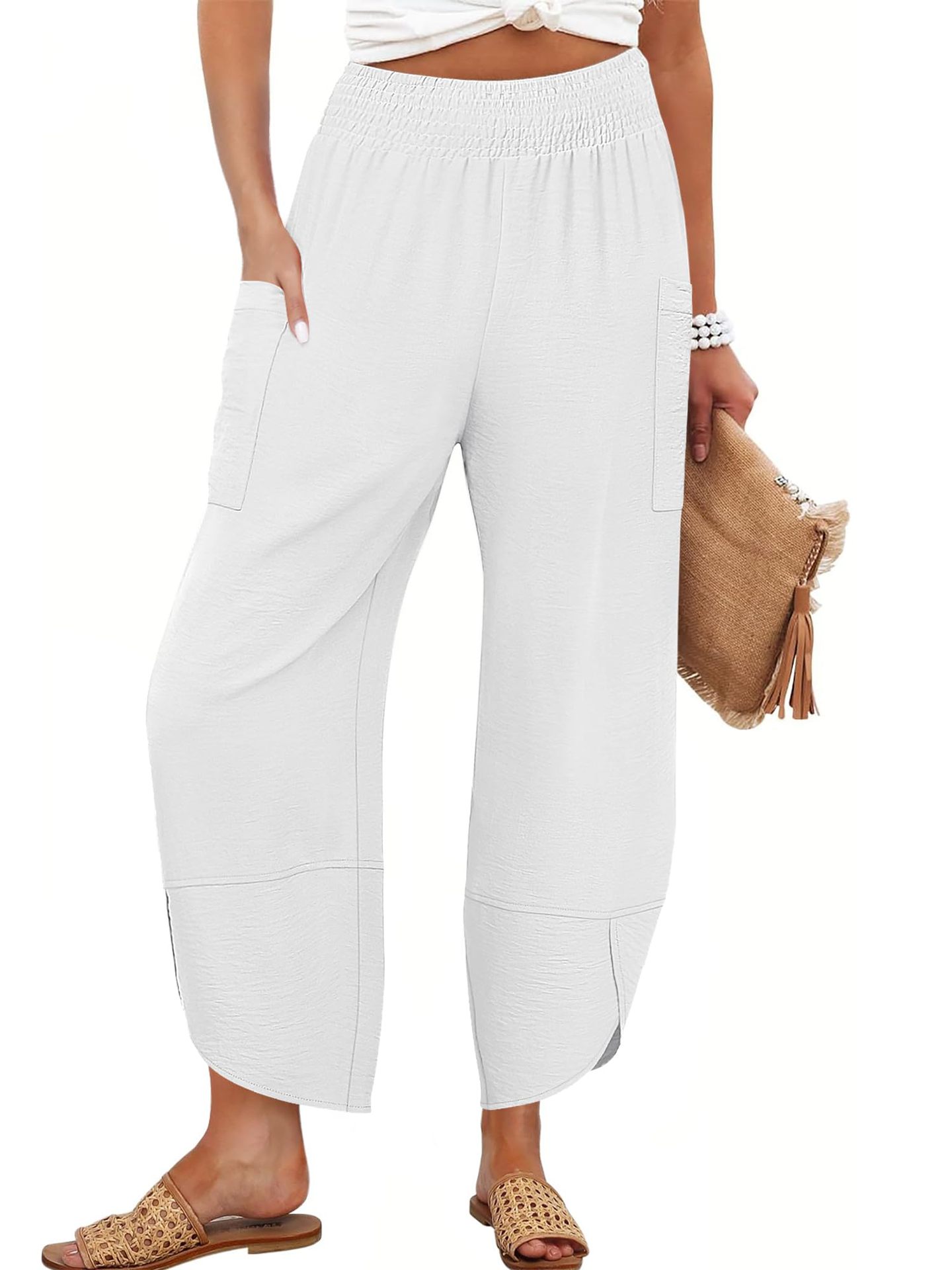 Summer New High-Waist Loose Solid-Color Side-Pocket Cropped Trousers