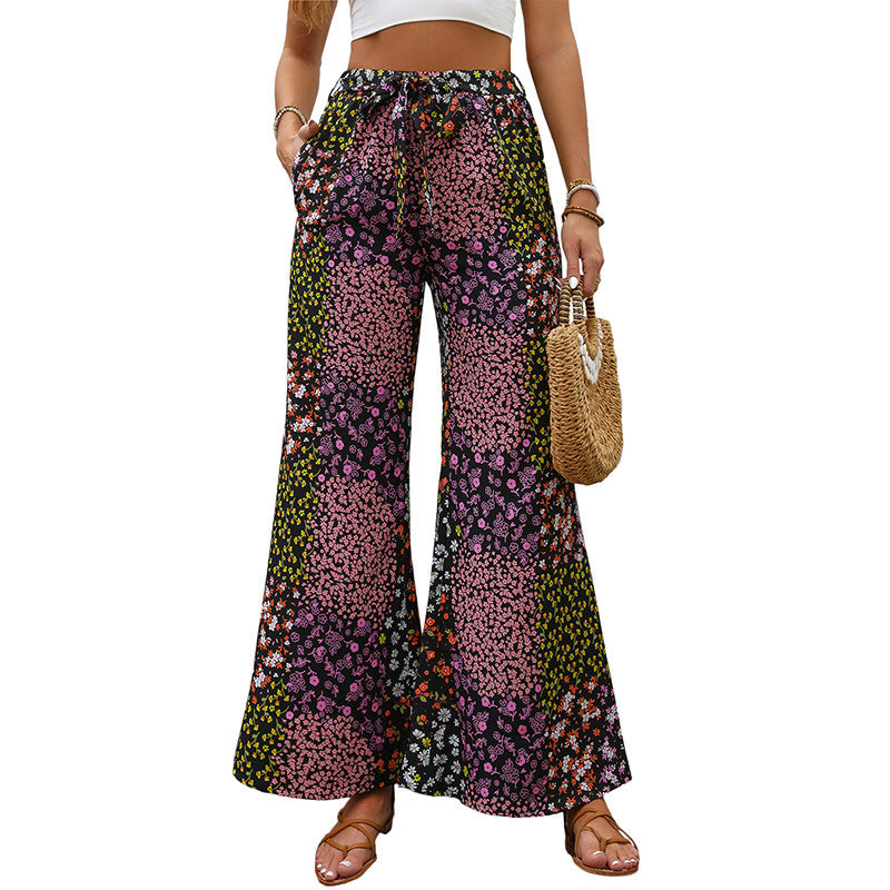 Lace-up Printed Elegant High-waisted Wide-leg Pants Women