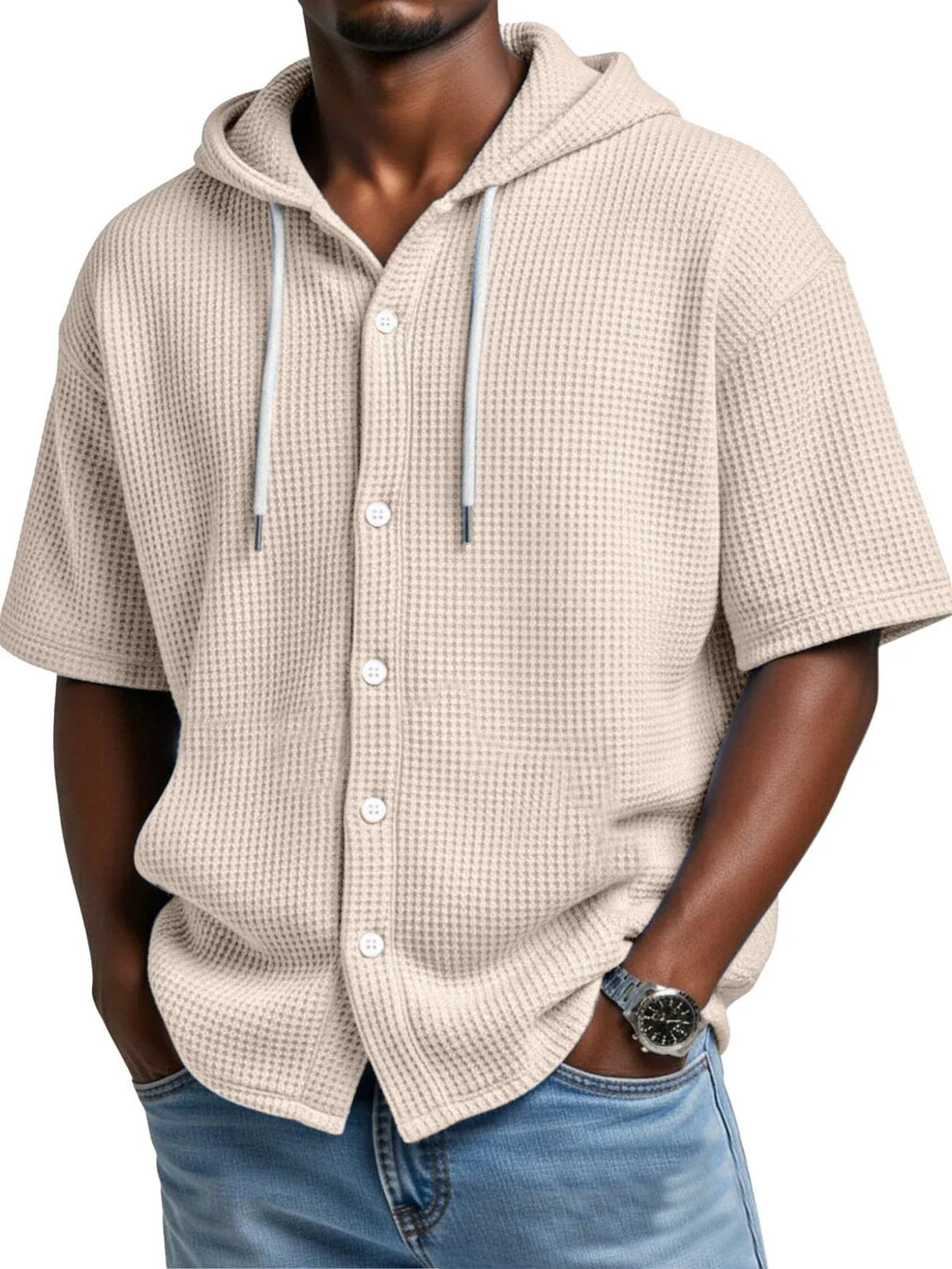 SpringSummer Casual Waffle Weave Hooded Short-Sleeve Top