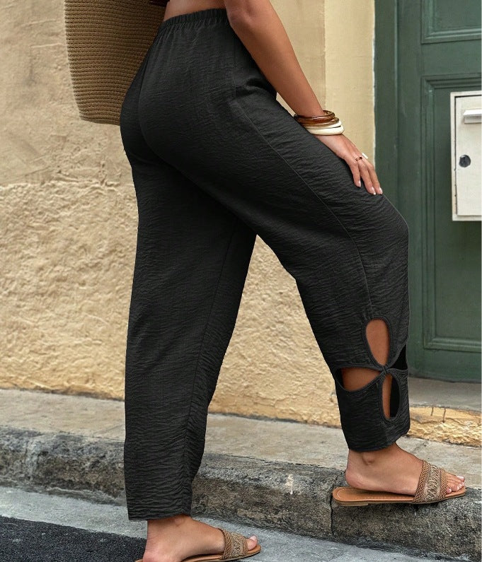 Everyday Side-pocket Hollow-out Full-length Comfortable Womens Pants