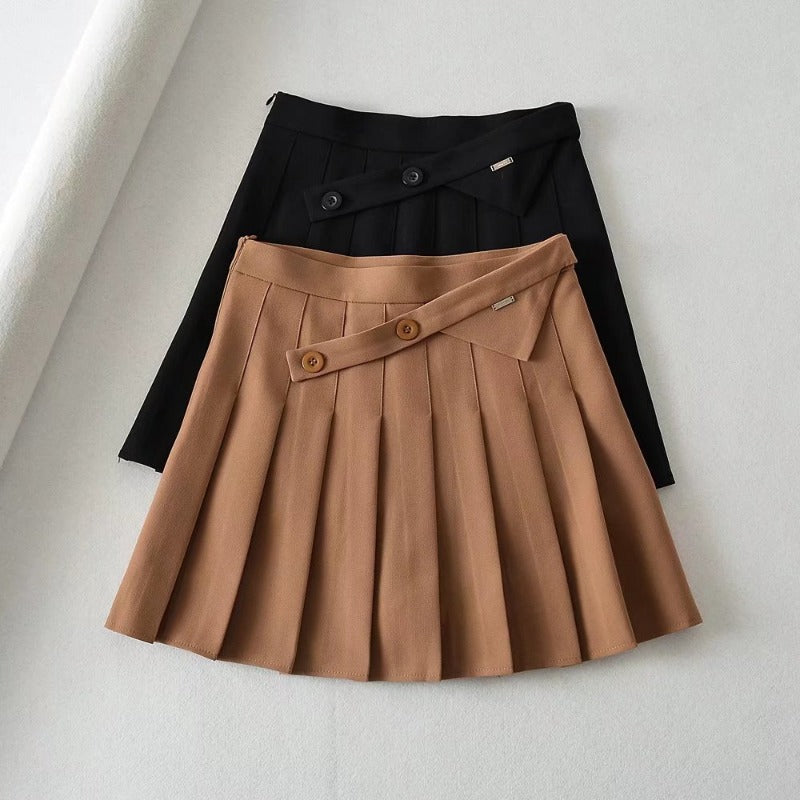 New Summer Oblique Button High Waist Pleated Skirt