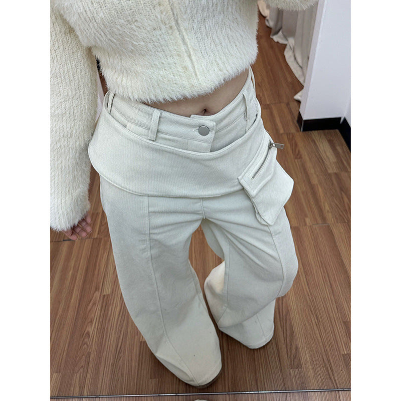 Apricot High-waisted Pocket Workwear Jeans Pants