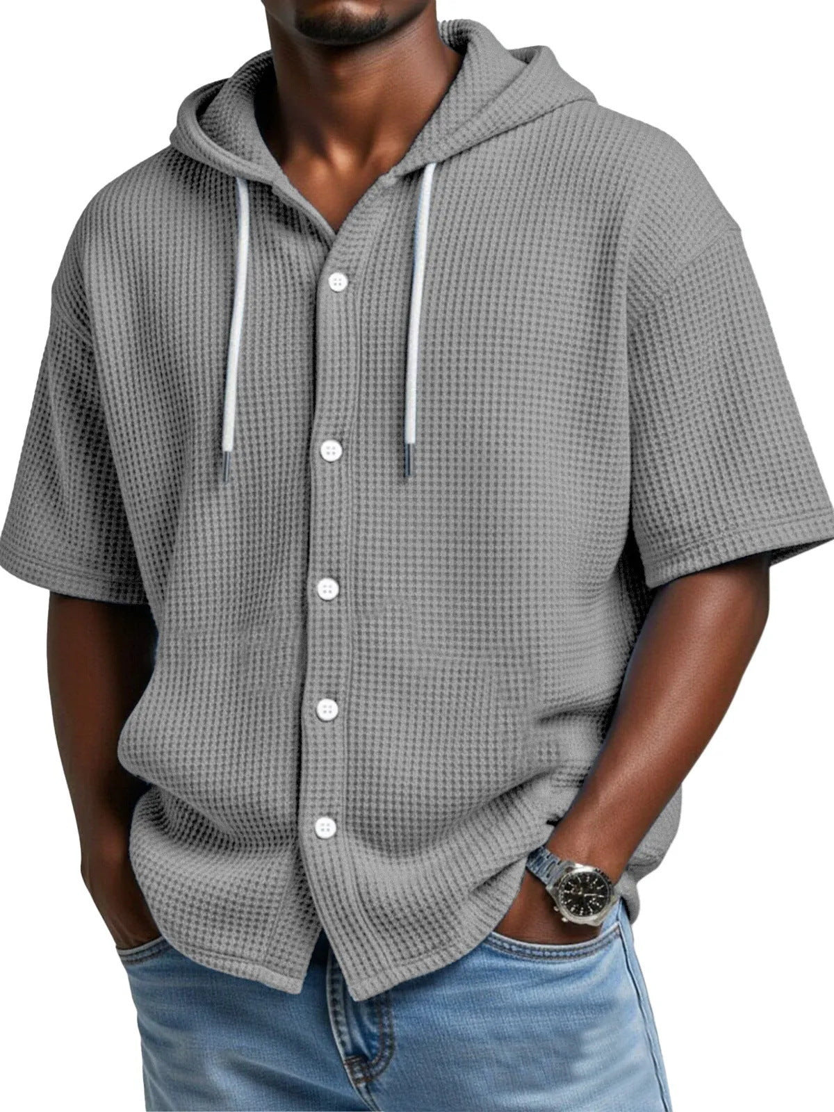 SpringSummer Casual Waffle Weave Hooded Short-Sleeve Top