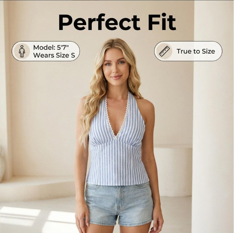 Women's Summer New Fashion Elegant Striped Backless Lace Patchwork Camisole Suitable For Going Out And Dating