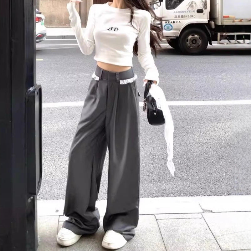 Lace-trimmed Casual Draping Straight-leg Floor-length Wide-leg Pants