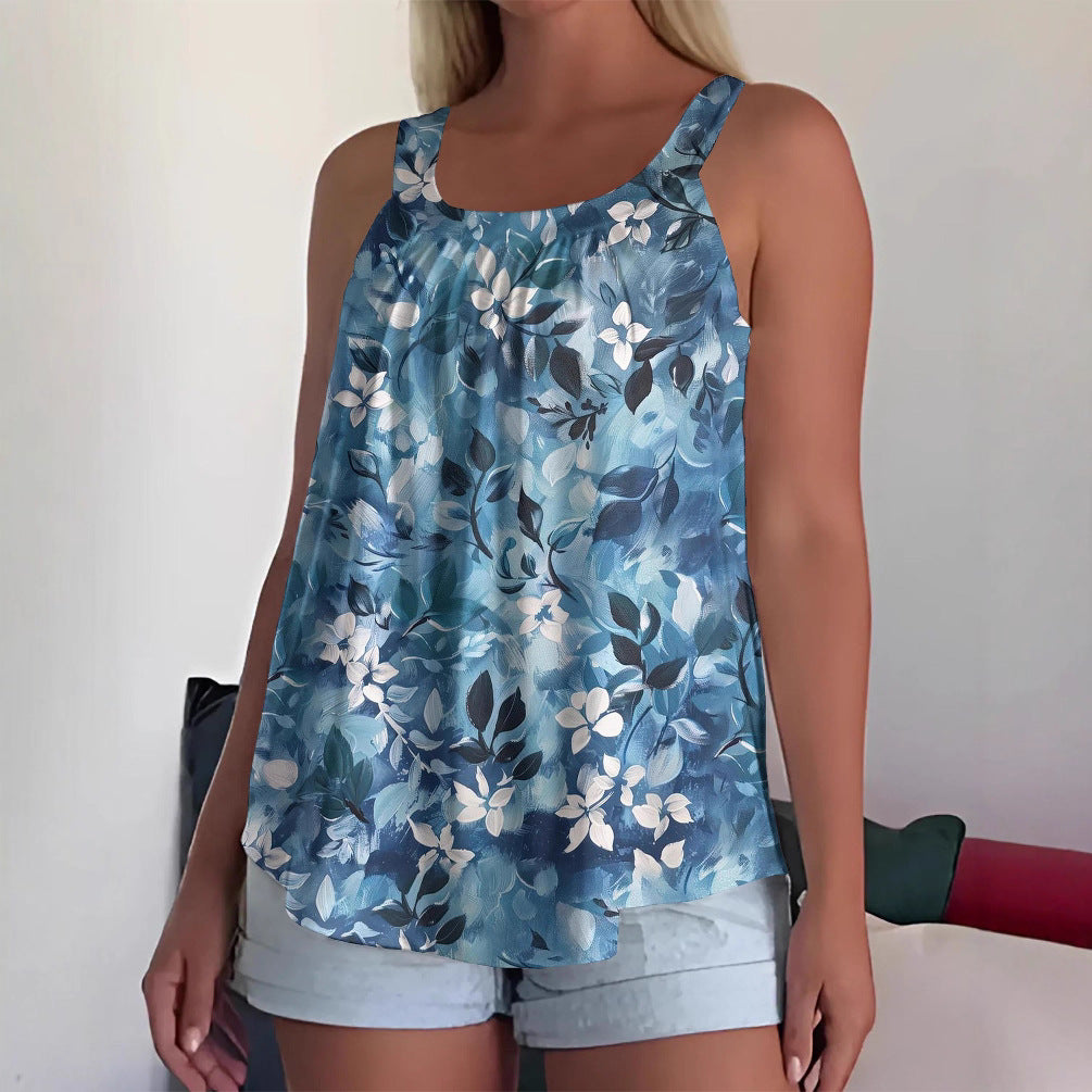 Womens Strappy Casual Sleeveless Tank Top With 3D Digital Graffiti Print