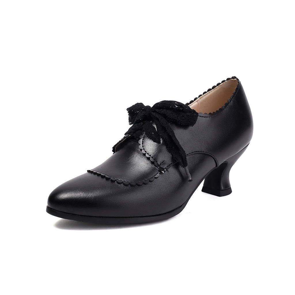 Fashionable High-Heel Plus-Size Embossed Floral Lace-Up Pointed-Toe Womens Pumps