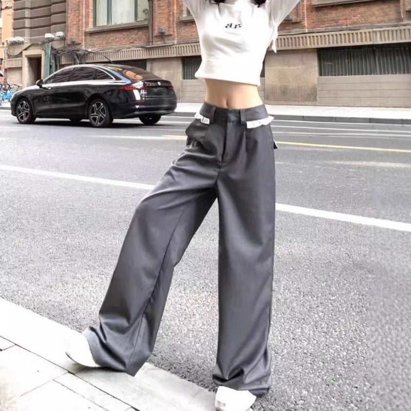 Lace-trimmed Casual Draping Straight-leg Floor-length Wide-leg Pants