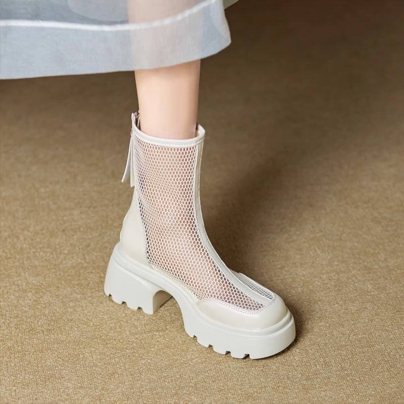 Summer Hollow Out Breathable Mesh Platform Chunky Heel Boot