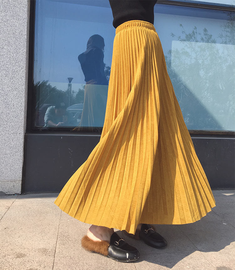 Deerskin Velvet Pleated Skirt Female High-waisted A-line Skirt All-match Big Hem