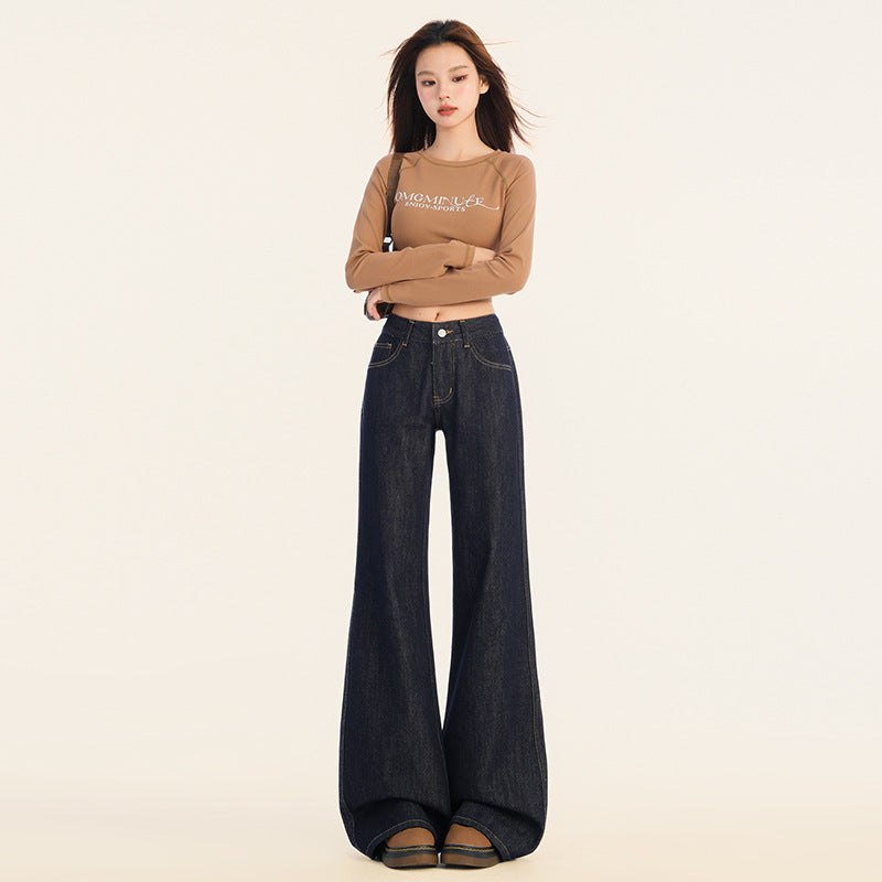 American-Style Dark Blue Low-Waist Flared Jeans For Women