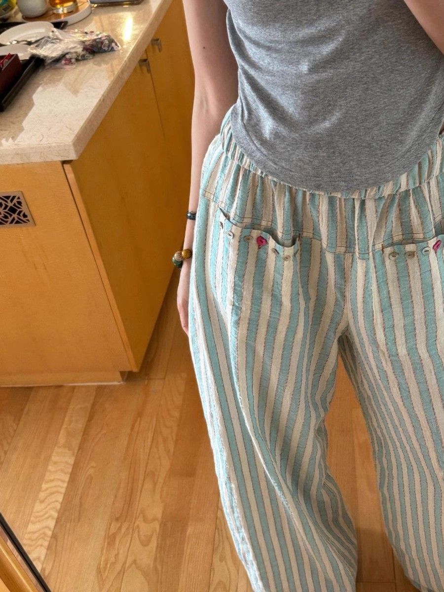 Short-stature Cotton Pinstripe Casual Striped Pants Womens