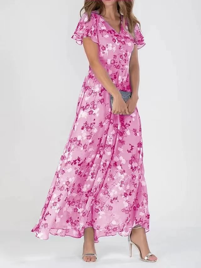 Flowers Print Short Sleeve Dress Summer Fashion Ruffle Beach Dresses Women's Clothing