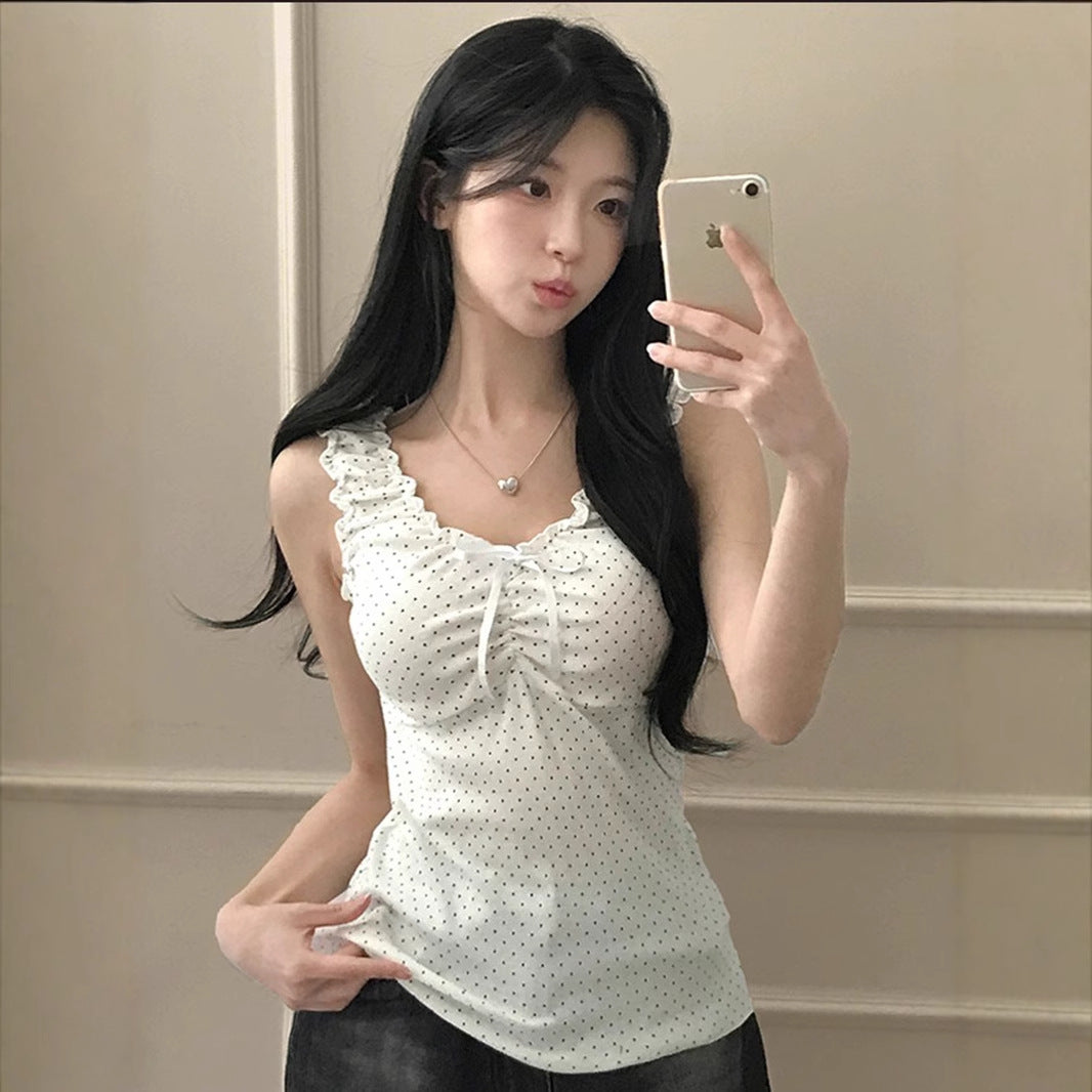 Womens Fashionable Casual Polka-Dot Wide-Shoulder Top