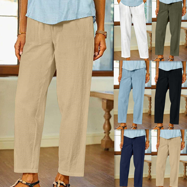Cotton-linen Versatile Solid-color Straight-leg Casual Cropped Pants Wide-leg Pants