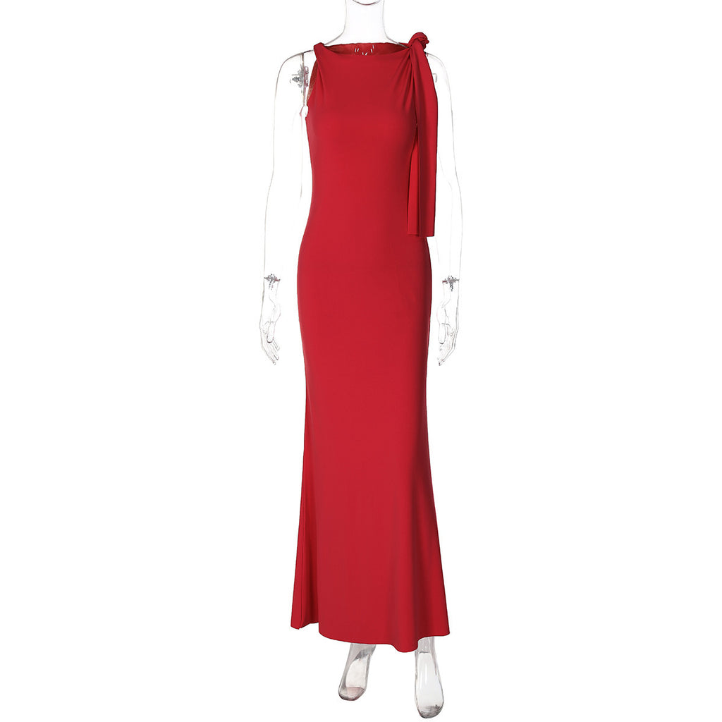 One-shoulder Ribbon Long Dress Ins Fashion Slim Sleeveless Dresses For Evening Party Club Clothing Women
