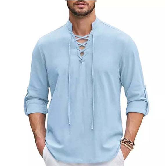 Long-sleeve Cotton-linen Open-chest Drawstring Shirt Men's Shirt Polo Shirt