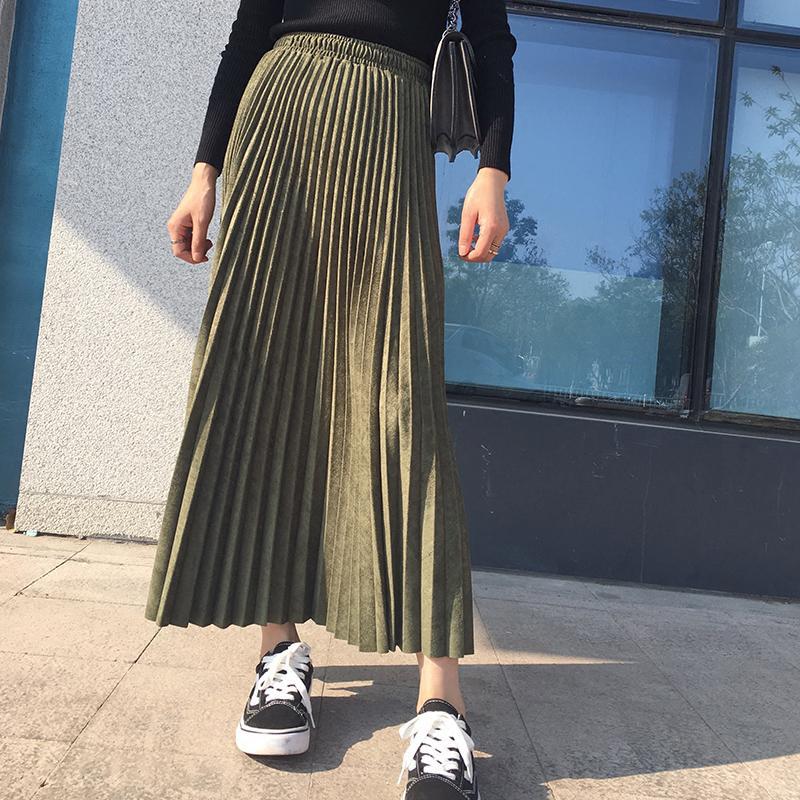 Deerskin Velvet Pleated Skirt Female High-waisted A-line Skirt All-match Big Hem