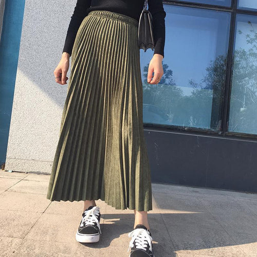 Deerskin Velvet Pleated Skirt Female High-waisted A-line Skirt All-match Big Hem