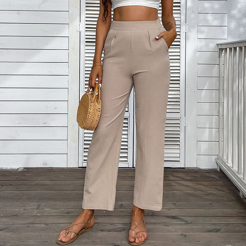 Summer European And American Style Cotton-Linen High-Waist Solid Color Cropped Straight Pants For Women
