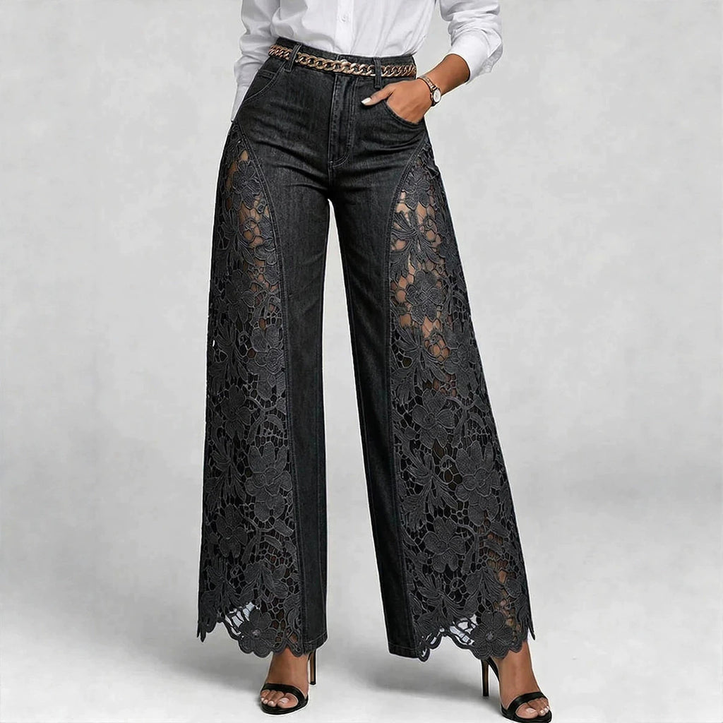 High-waisted Wide-leg Pants Womens Lace-panelled Jeans