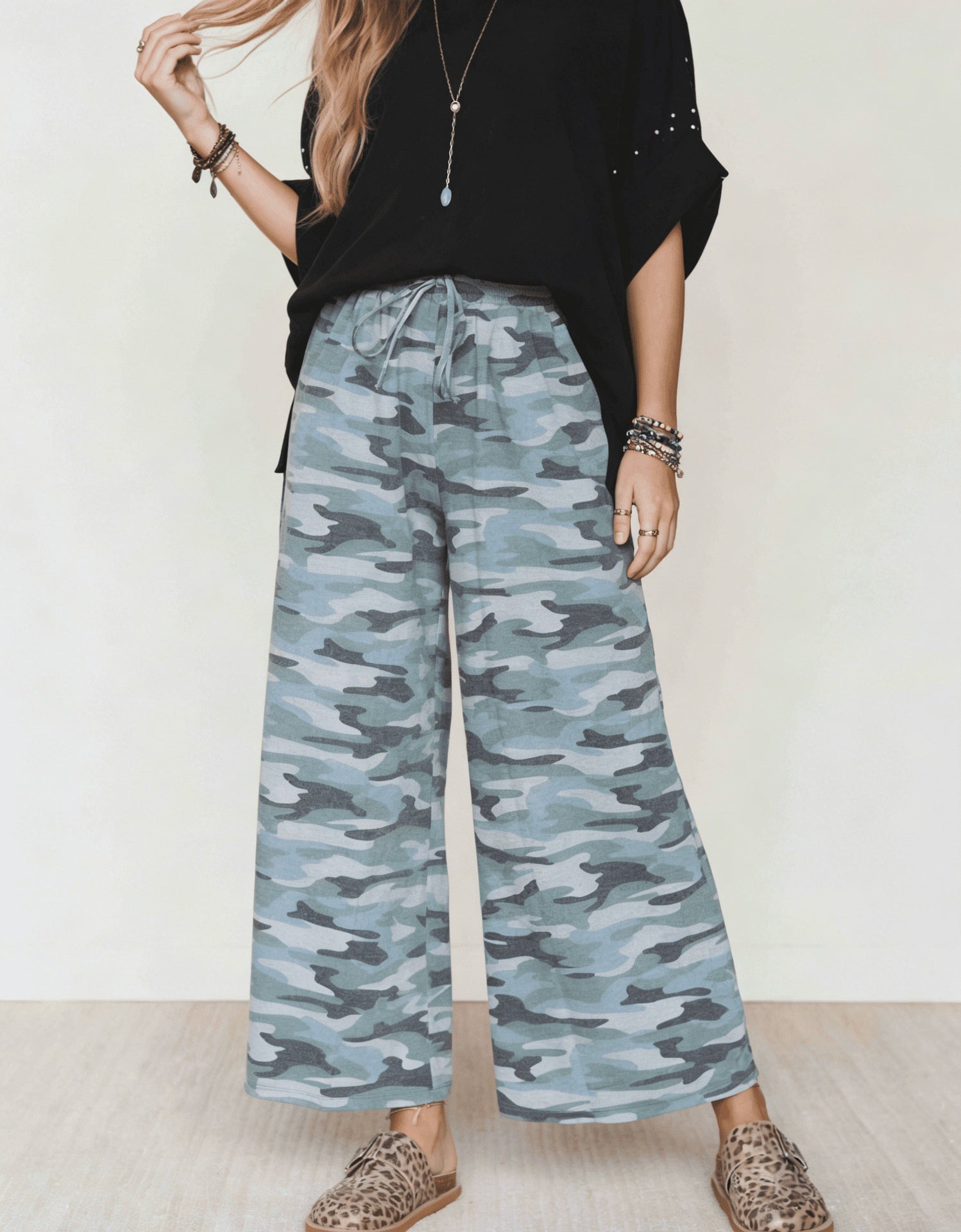 Fashionable Camouflage-Print Casual High-Waist Trousers