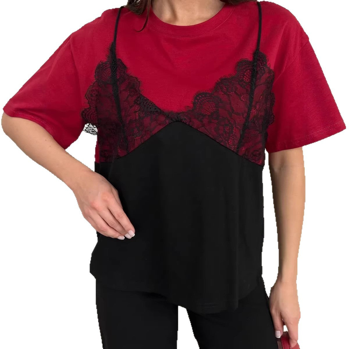 Women's Lace-Patchwork Loose Basic Crew-Neck Short-Sleeve T-Shirt