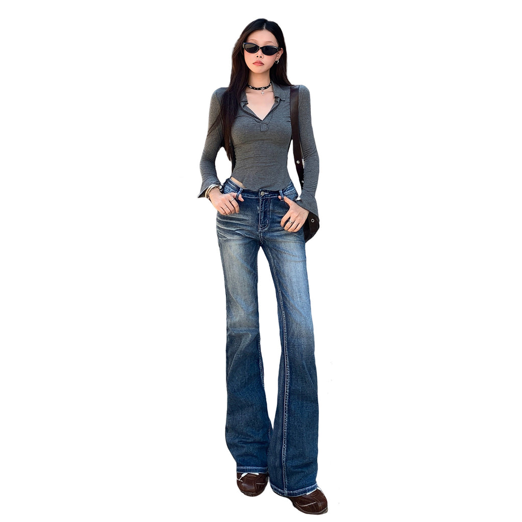 American-style Vintage Low-rise Slim Straight-leg Jeans For Women