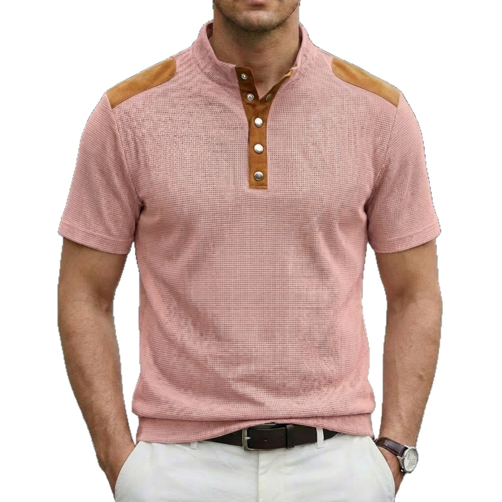 Casual Breathable Buttoned Stand Collar Color-Block Short-Sleeve Mens T-Shirt