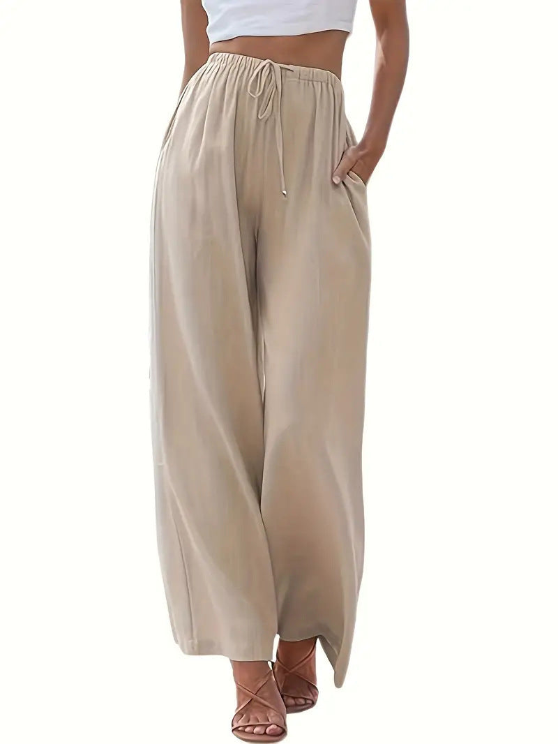 Spring And Summer Cotton And Linen Drawstring Casual Women's Wide-leg Trousers