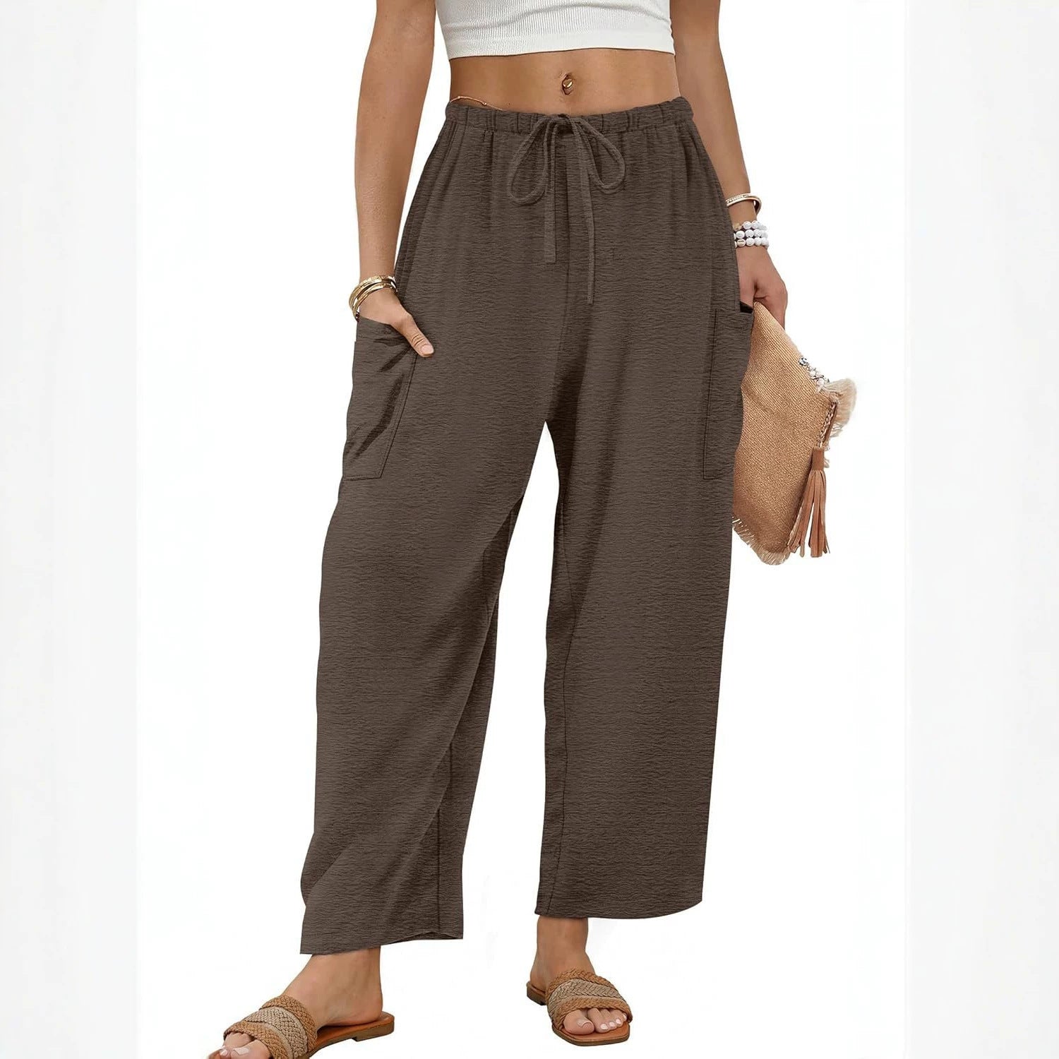 Women's Linen Pants With Belt And Pockets