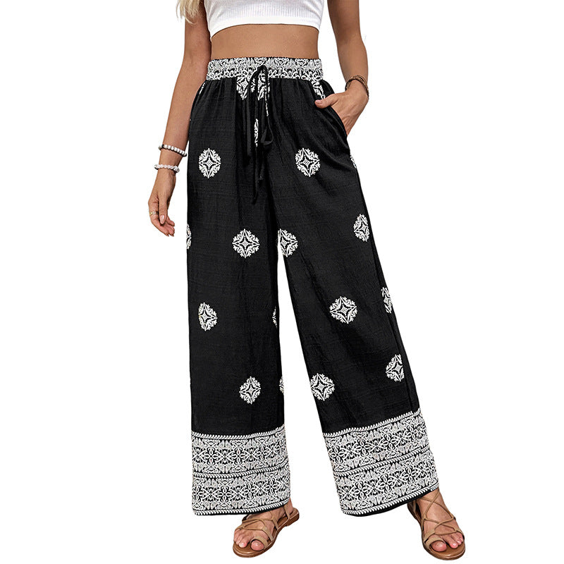 Ethnic-style Printed Straight-Leg Pants With Elastic Waist And Drawstring For Women