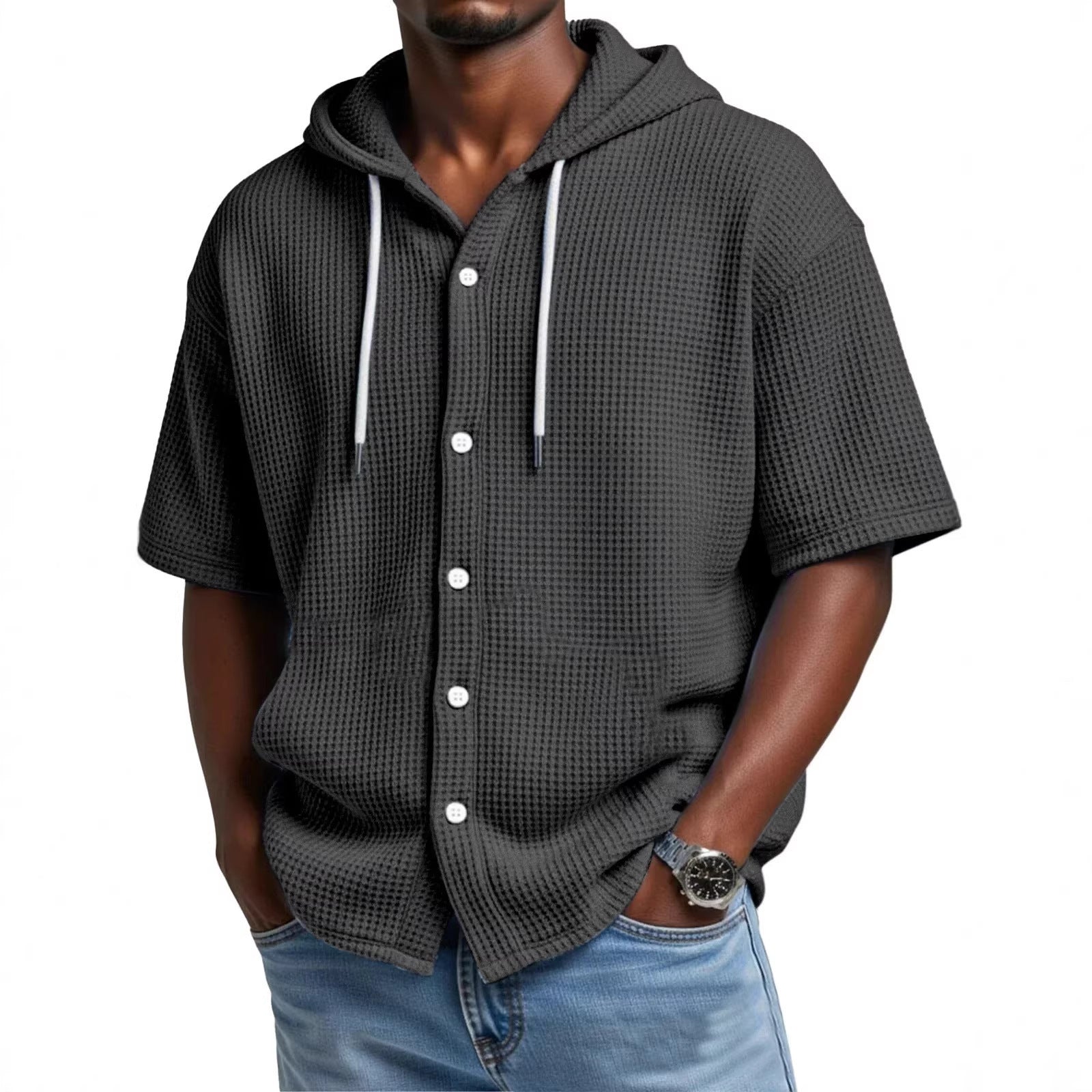 SpringSummer Casual Waffle Weave Hooded Short-Sleeve Top