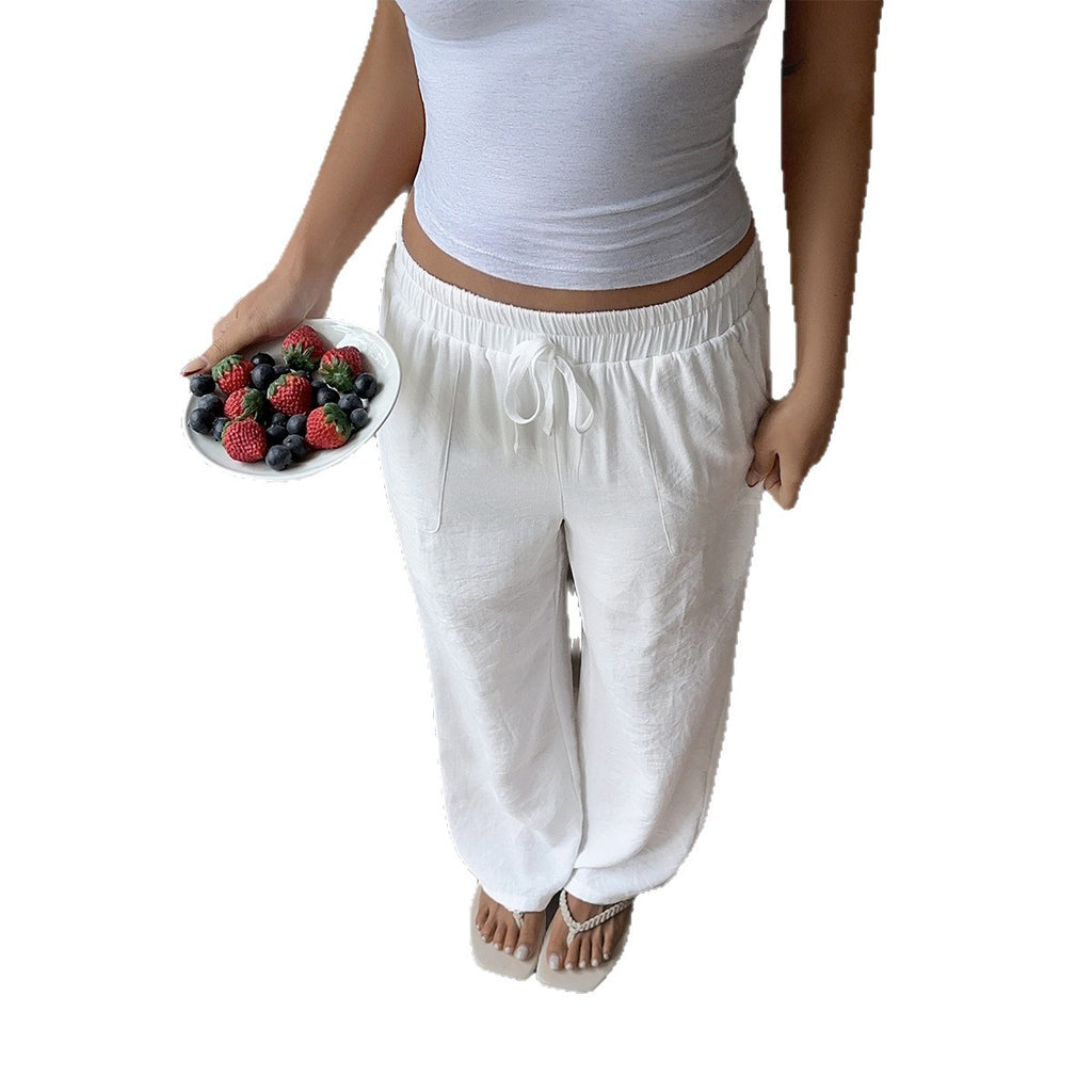 European And American Style Simple Pocket Drawstring Pants For Women
