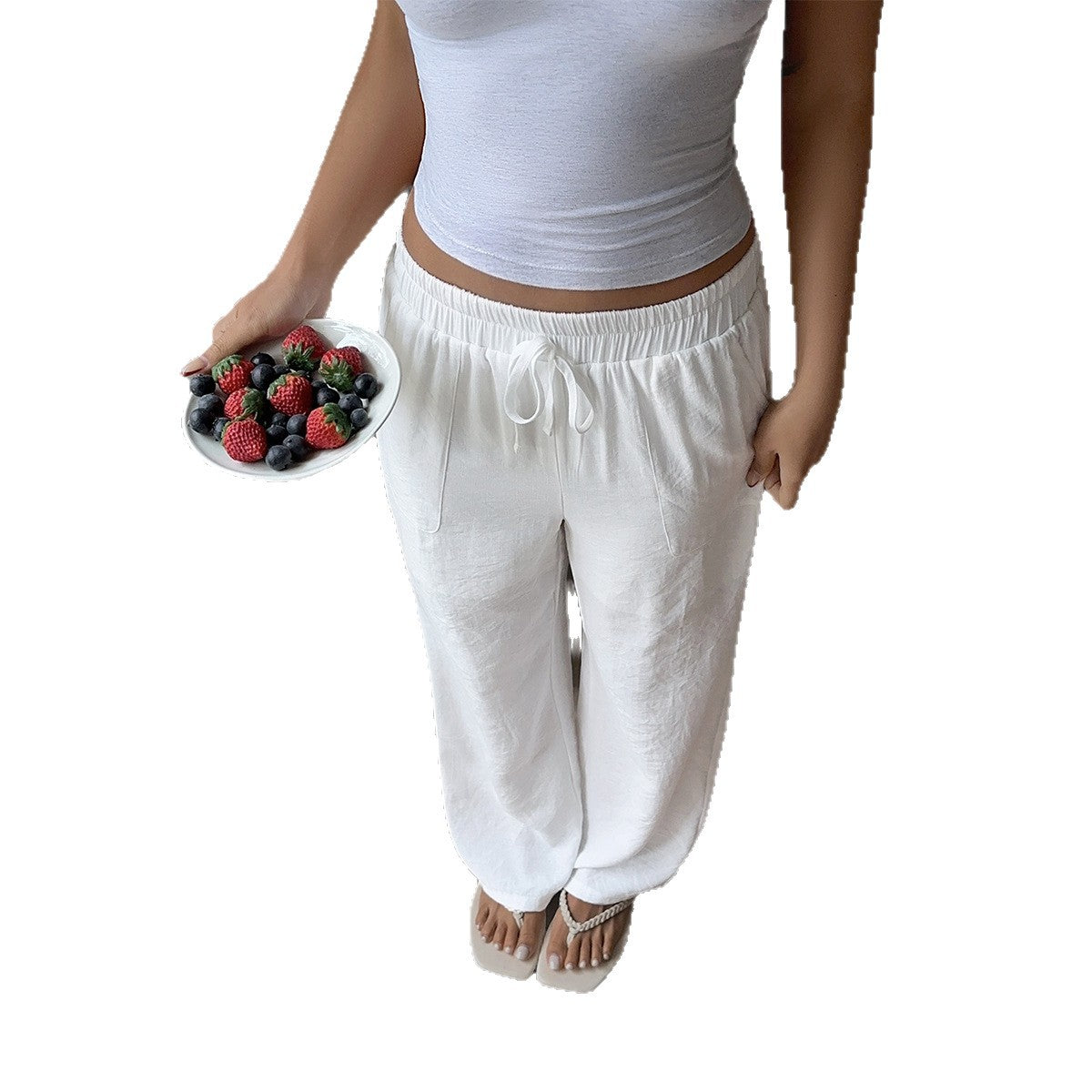 European And American Style Simple Pocket Drawstring Pants For Women