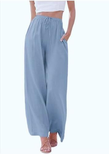 Spring And Summer Cotton And Linen Drawstring Casual Women's Wide-leg Trousers